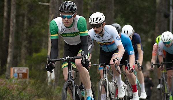 UO cyclist leads the pack during a race